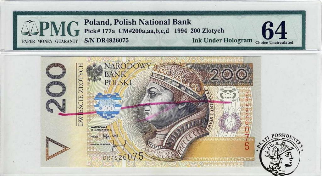 Polska 200 zlotych 1994 błąd Seria DR PMG 64