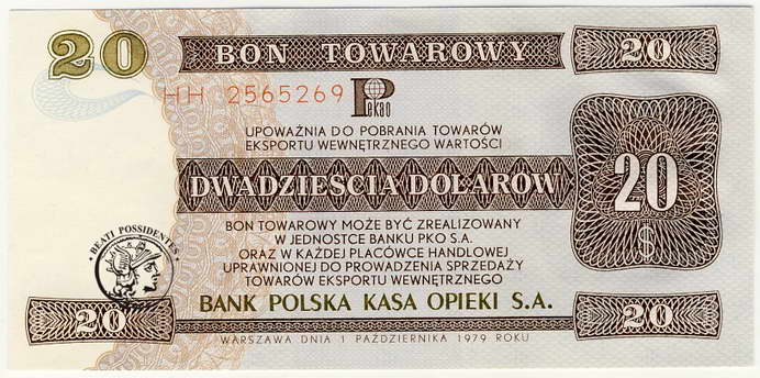 Bon towarowy 20 $ dolarów 1979 Pewex st. 1