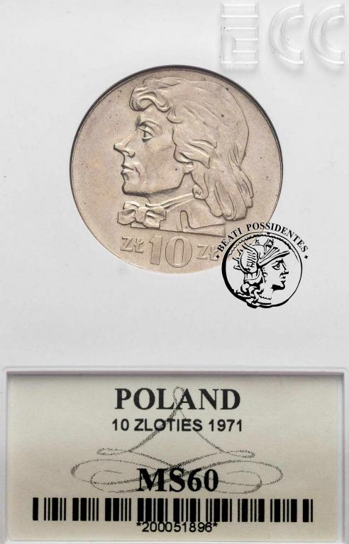 PRL 10 złotych 1971 Kościuszko GCN MS 60