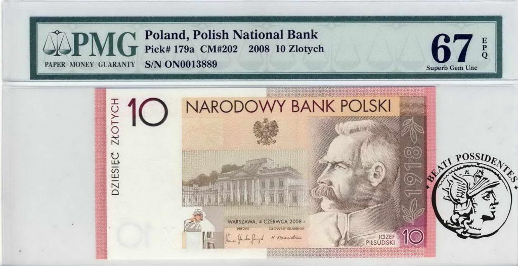 Polska 10 złotych 2008 Piłsudski PMG 67