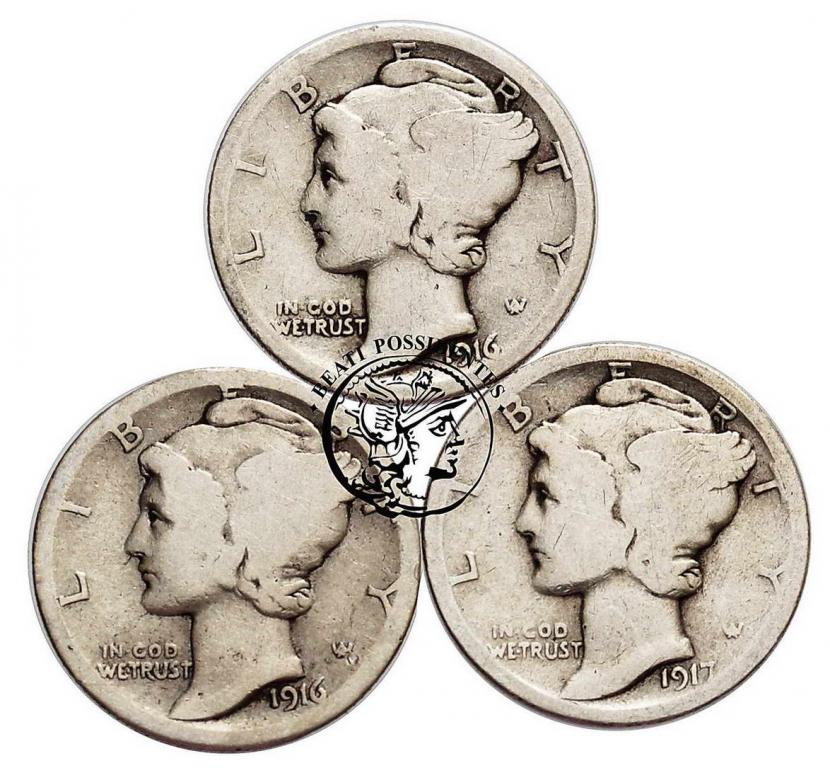 USA 10 centów 1916-1917 lot 3 szt st. 3-