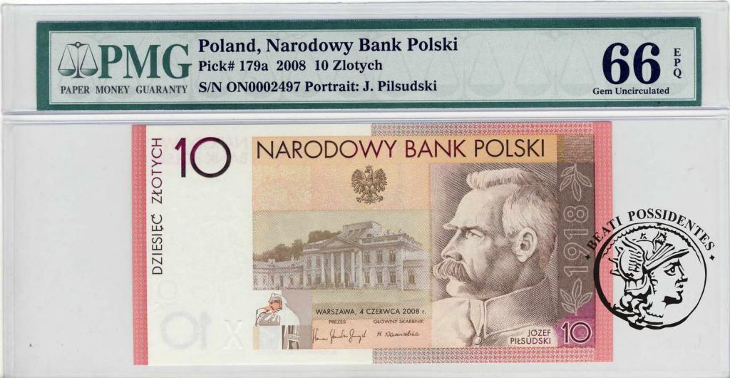 10 złotych 2008 Piłsudski PMG 66