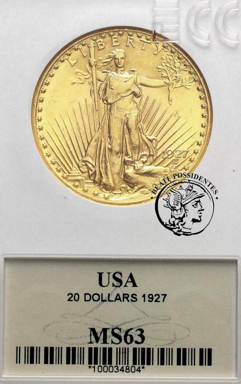 USA 20 $ Dolarów 1927 Philadelphia GCN MS 63