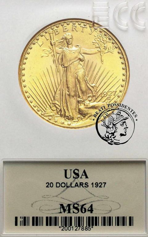 USA 20 $ Dolarów 1927 Philadelphia GCN MS 64