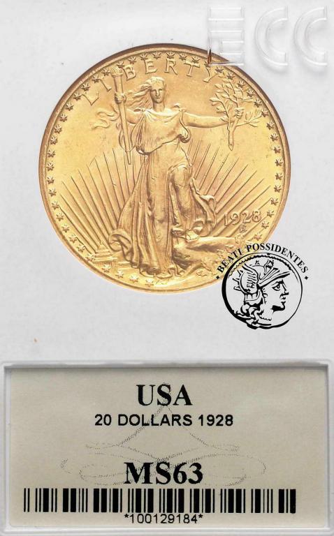 USA 20 $ Dolarów 1928 Philadelphia GCN MS 63