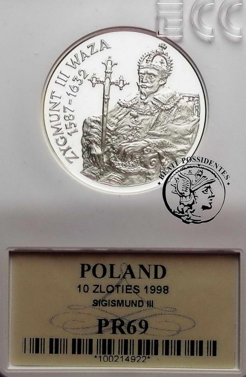 10 złotych 1998 Zygmunt III Waza półp. GCN PR68