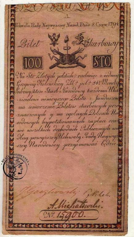 Insurekcja Kościuszko 100 zł 1794 seria A st. 3