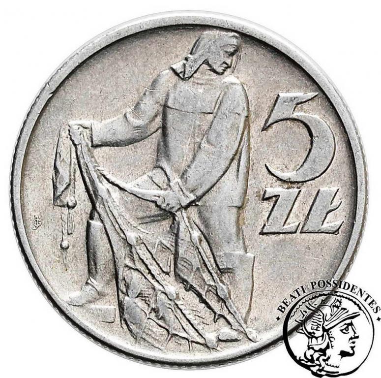 PRL 5 złotych 1958 rybak aluminium st.3+