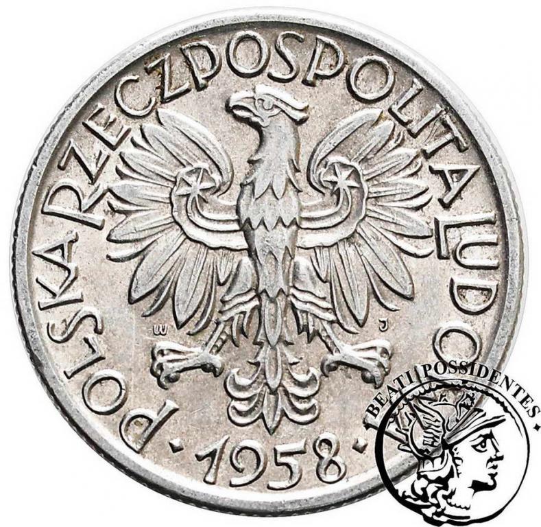 PRL 5 złotych 1958 rybak aluminium st.3+