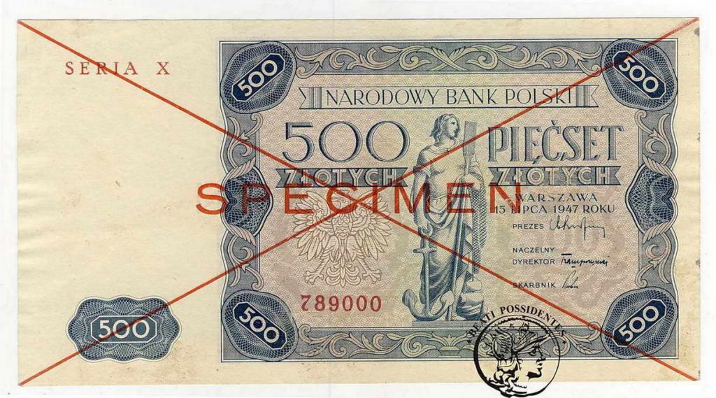 Polska SPECIMEN 500 złotych 1947 seria X st.2