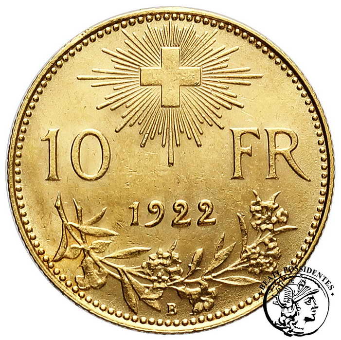 Szwajcaria 10 franków 1922 st. 1-/2+