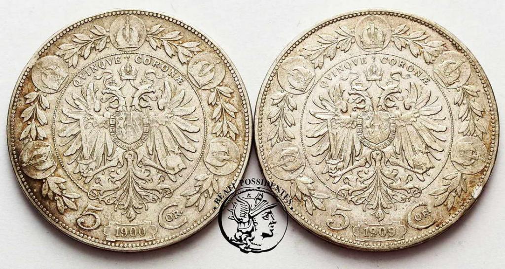 Austria 5 koron 1900+1909 lot 2 szt st. 3