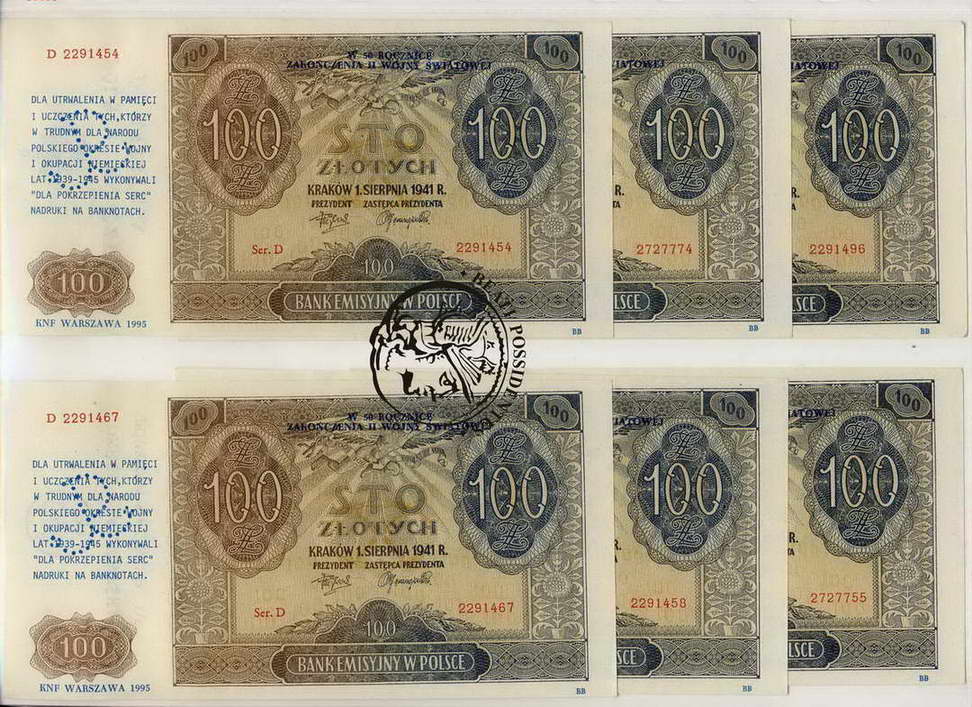 100 zł 1941 seria D z nadrukiem lot 6szt. st.1