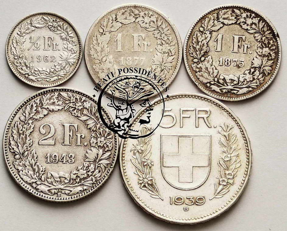Szwajcaria stare monety srebro lot 5 szt. st. 2/3
