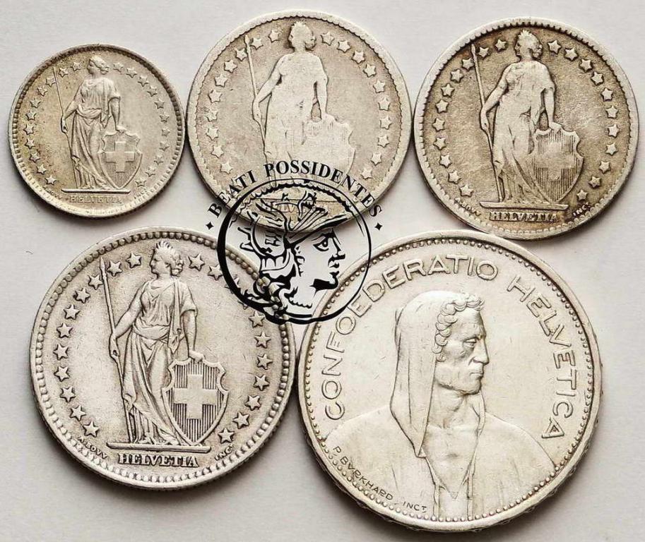 Szwajcaria stare monety srebro lot 5 szt. st. 2/3