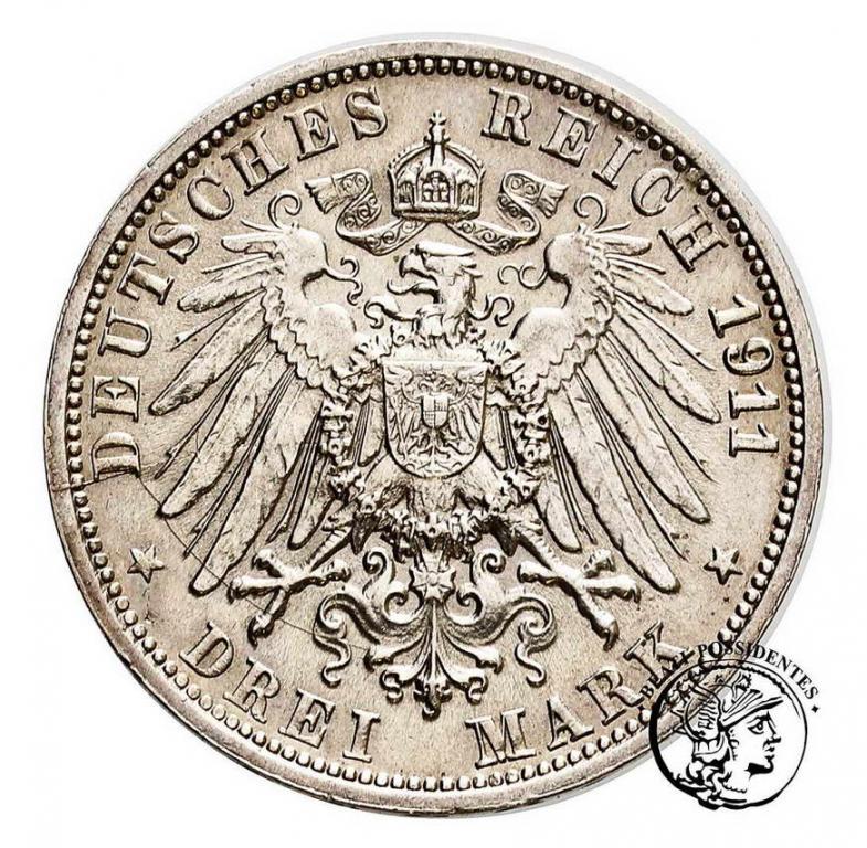 Niemcy Wirtembergia Wilhelm II 3 Marki 1911 F st.3