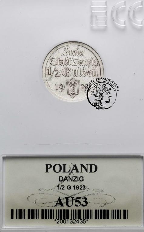 Polska W M Gdańsk 1/2 Guldena 1923 GCN AU53