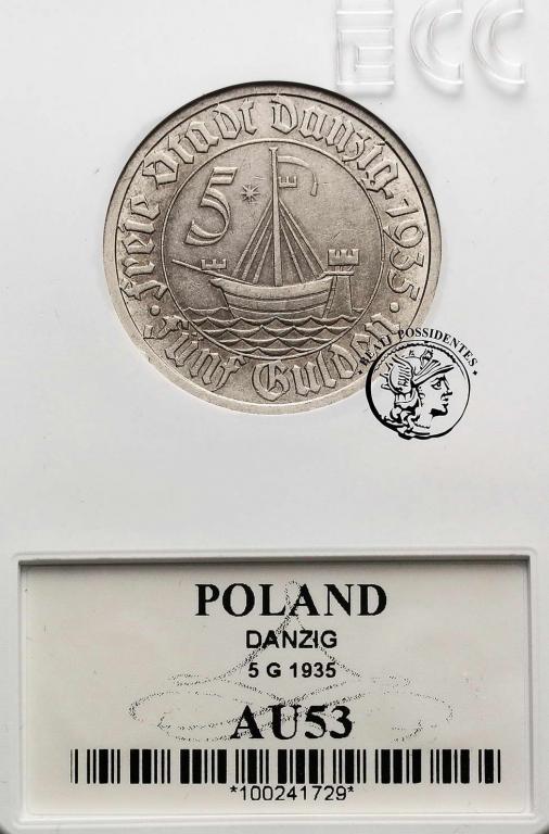 Polska W M Gdańsk 5 Guldenów 1935 GCN AU53
