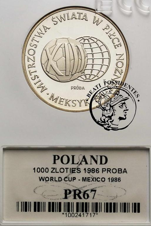Polska PRL PRÓBA Ag 1000 zł 1986 FIFA GCN PR67