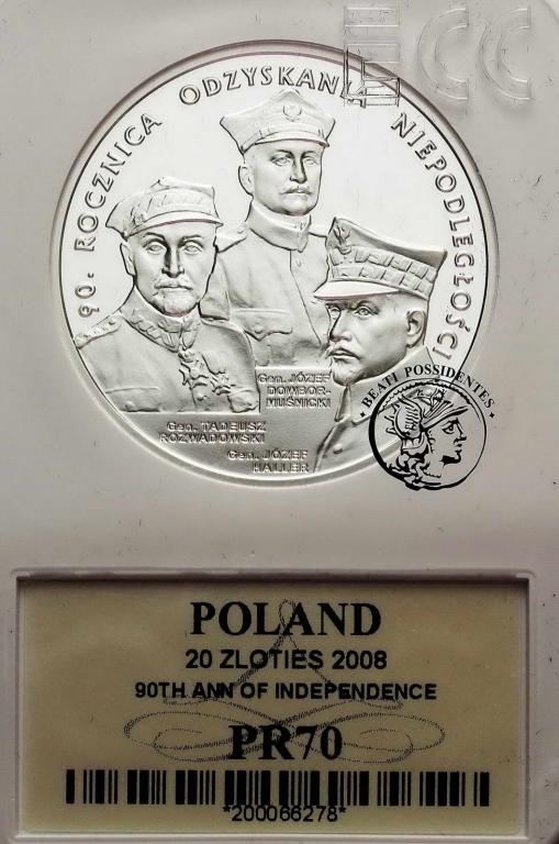 Polska 20 złotych 2008 Niepodległość GCN PR70