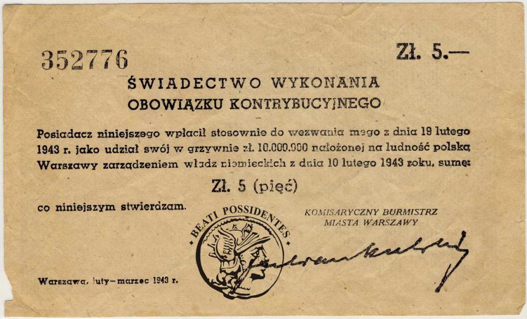 Polska Gen Gub 5 złotych Kontrybucja 1943 st.3-
