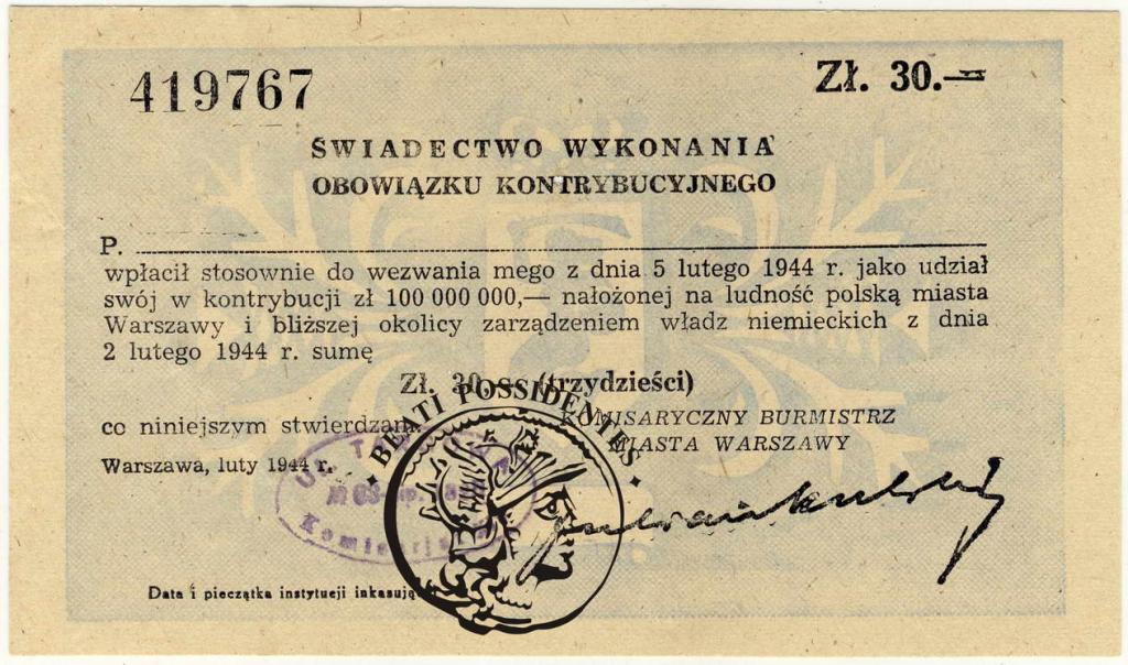 Polska Gen Gub 30 złotych Kontrybucja 1944 st.2