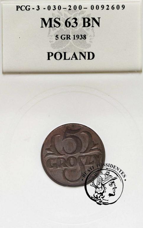 Polska II RP 5 groszy  1938 PCG MS63