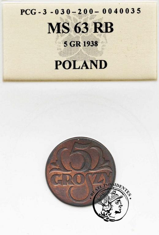 Polska II RP 5 groszy  1938 PCG MS63