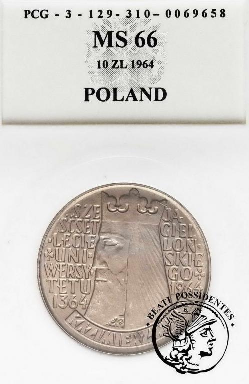 PRL 10 złotych 1964 Kazimierz Wielki PCG MS66