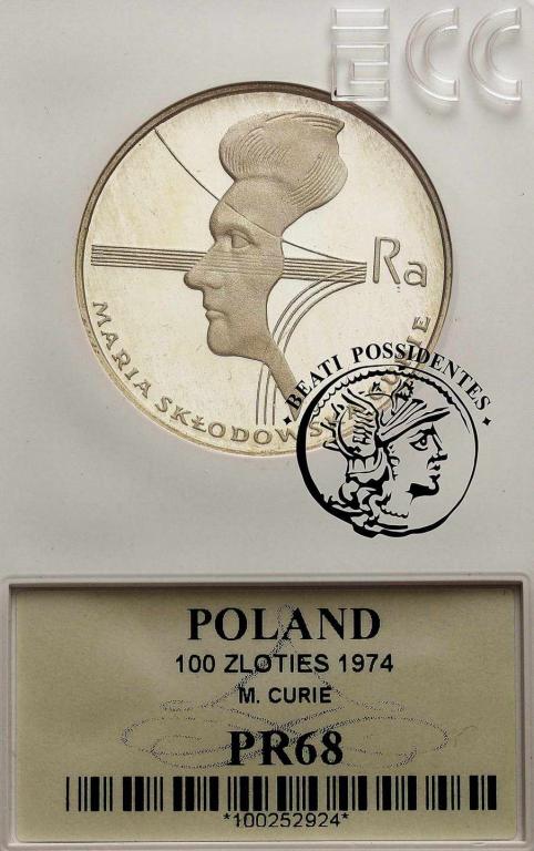 Polska PRL 100 złotych 1974 Skłodowska GCN PR68