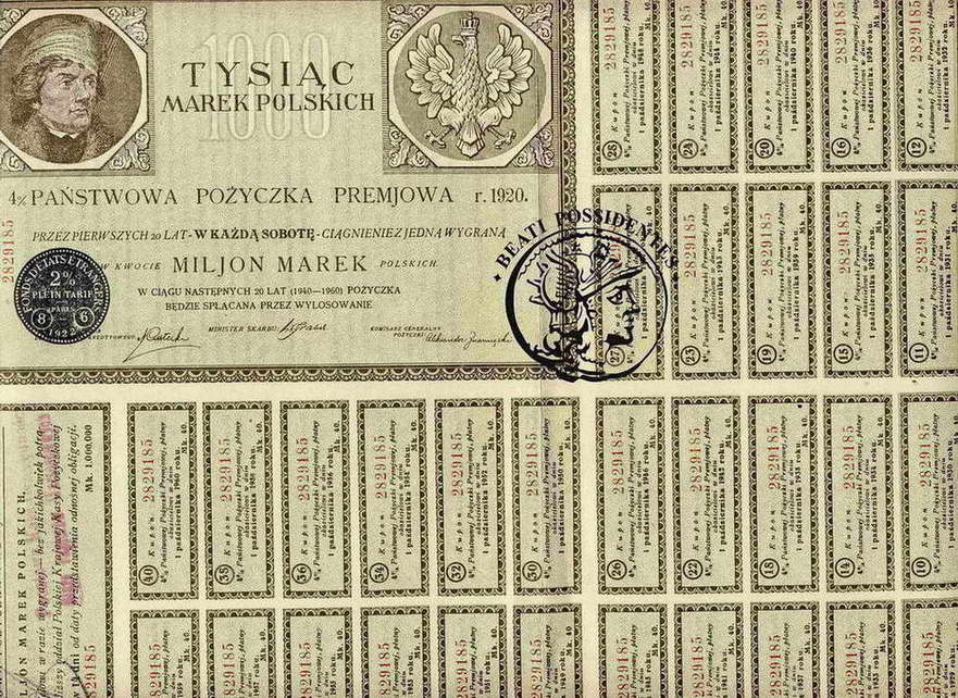 Obligacja 1000 Marek Polskich 1920 + kupony st.2