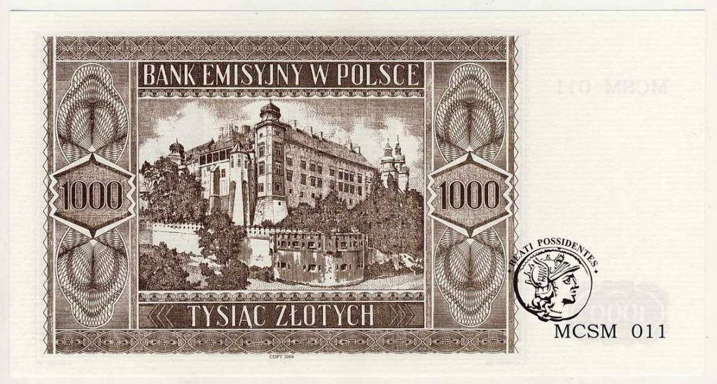 Polska Gen. Gub. 1000 złotych 1941 KOPIA st.1