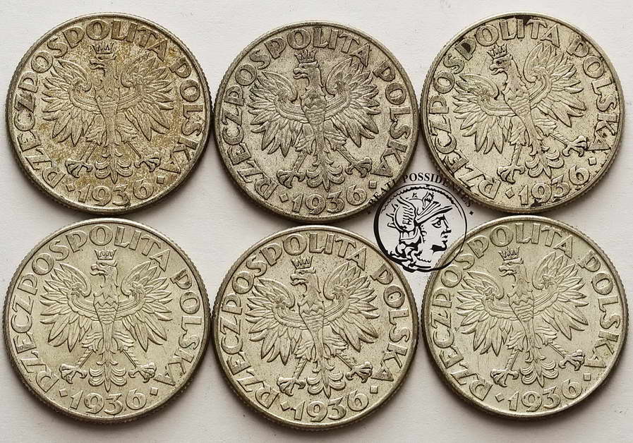 Polska zestaw 6 x 2 złote Żaglowiec 1936 st.3/3+
