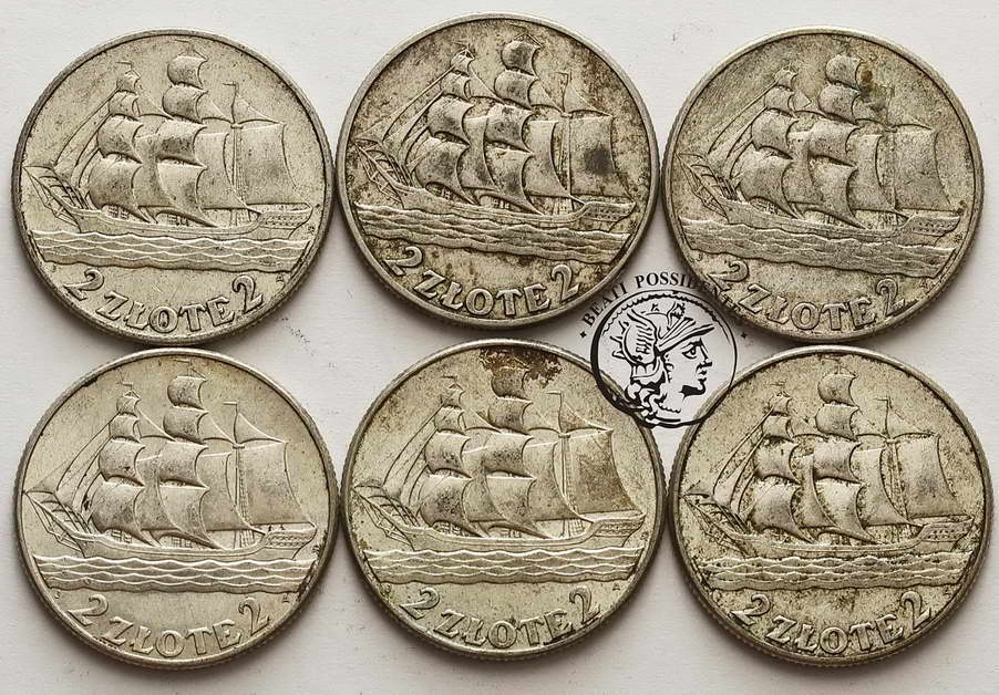 Polska zestaw 6 x 2 złote Żaglowiec 1936 st.3/3+
