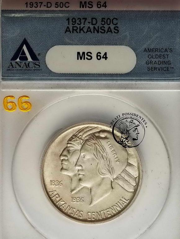 1/2 dolara 1937 D Arkansas Centennial ANACS MS64