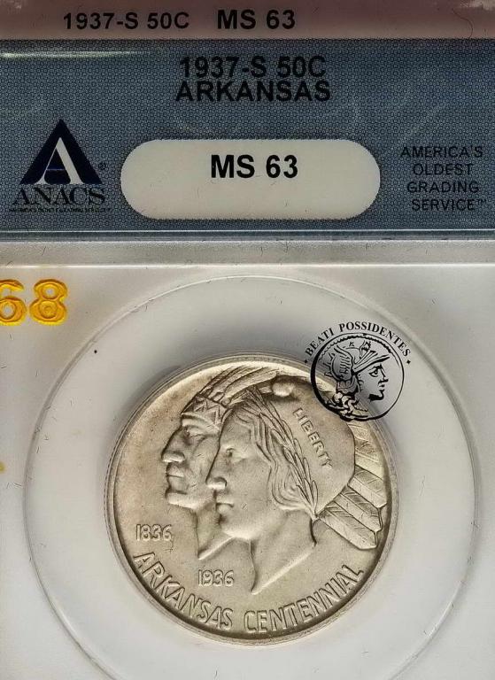 1/2 dolara 1937 S Arkansas Centennial ANACS MS63