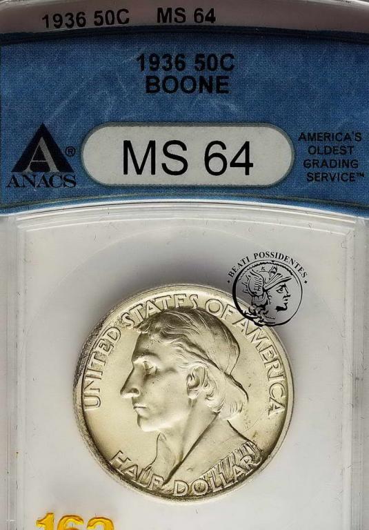 USA 1/2 dolara 1936 Boone Daniel ANACS MS64