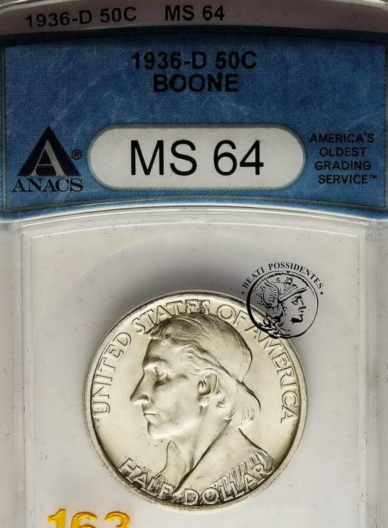 USA 1/2 dolara 1936 D Boone Daniel ANACS MS64