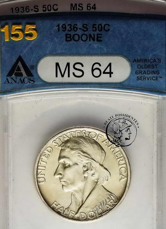USA 1/2 dolara 1936 S Boone Daniel ANACS MS64