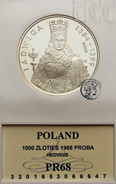 PRÓBA SREBRO 1000 złotych 1988 Jadwiga GCN PR68