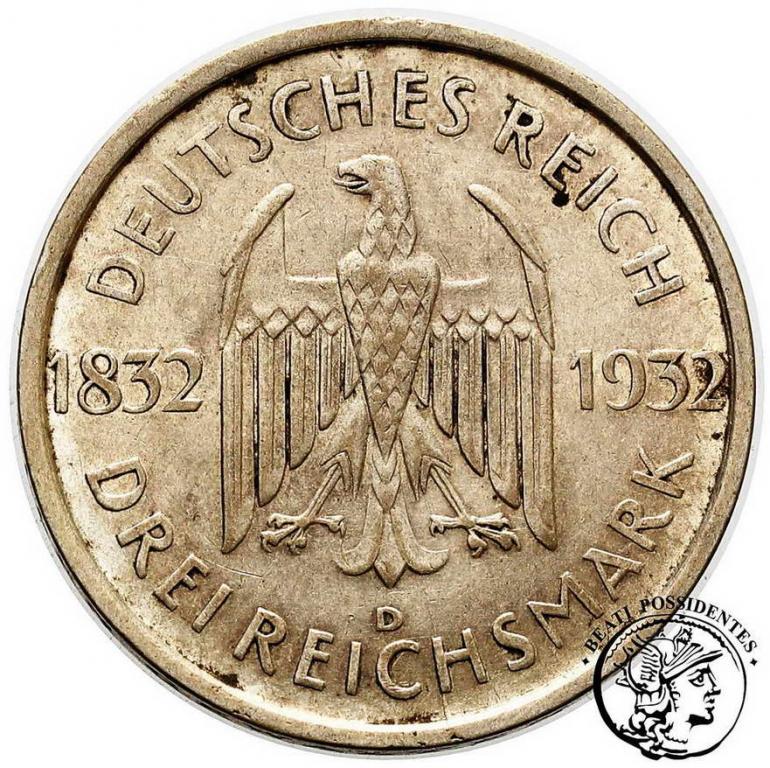 Niemcy Weimar 3 Marki 1932 D Goethe st.3+