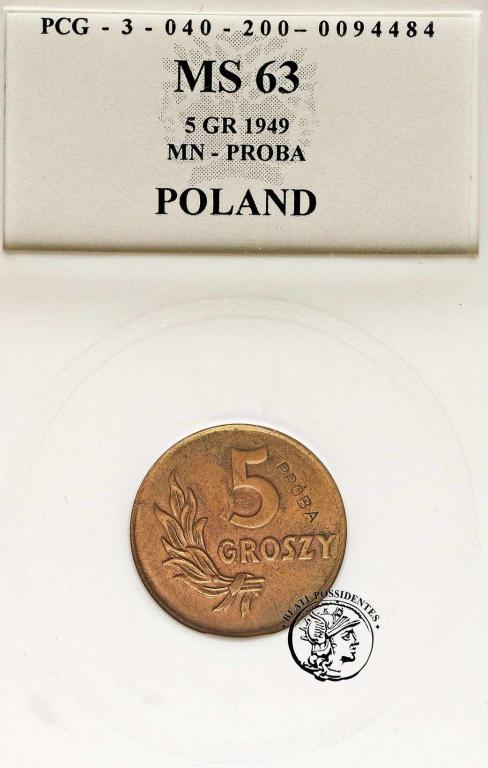 Polska PRL PRÓBA Mosiądz 5 groszy 1949 PCG MS63