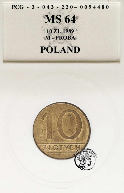 Polska PRL PRÓBA Mosiądz 10 złotych 1989 PCG MS64