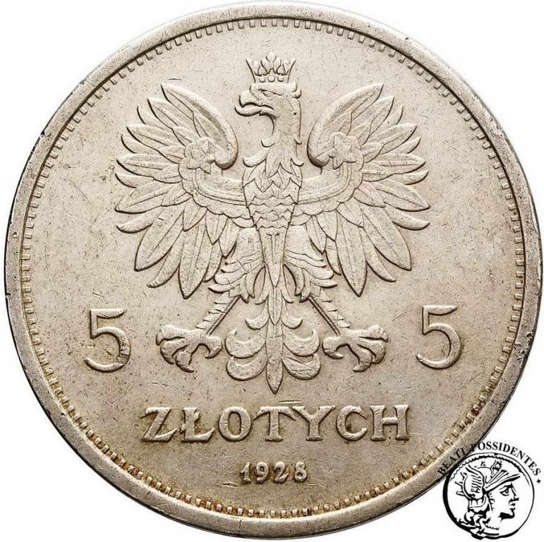 Polska 5 złotych 1928 Nike (znak mennicy) st. 3+