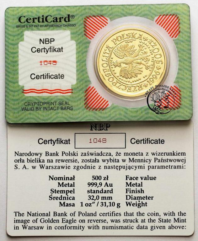 Polska 500 zł 1996 Bielik złoto 1 uncja st. L