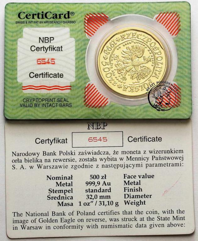 Polska 500 zł 1998 Bielik złoto 1 uncja st. L