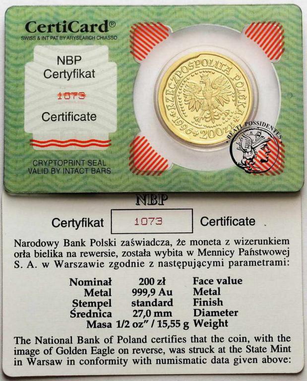 Polska 200 zł 1996 Bielik złoto 1/2 uncja st. L
