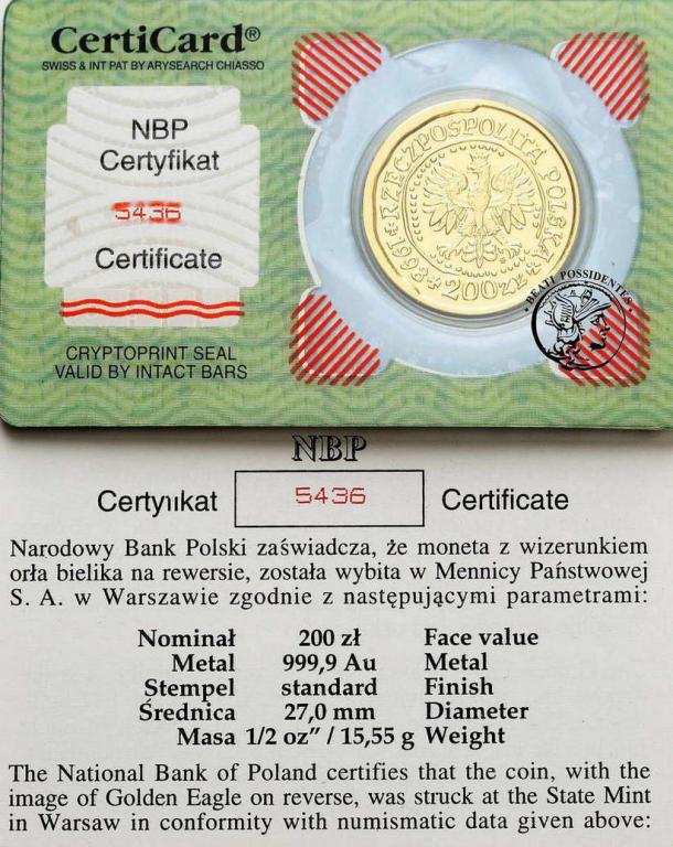 Polska 200 zł 1998 Bielik złoto 1/2 uncja st. L