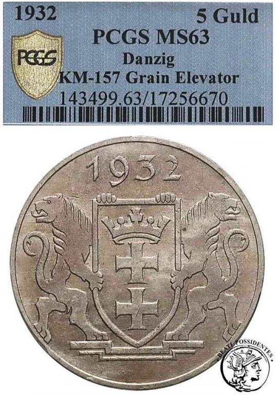 WMG 5 Guldenów 1932 Srebro Żuraw PCGS MS63