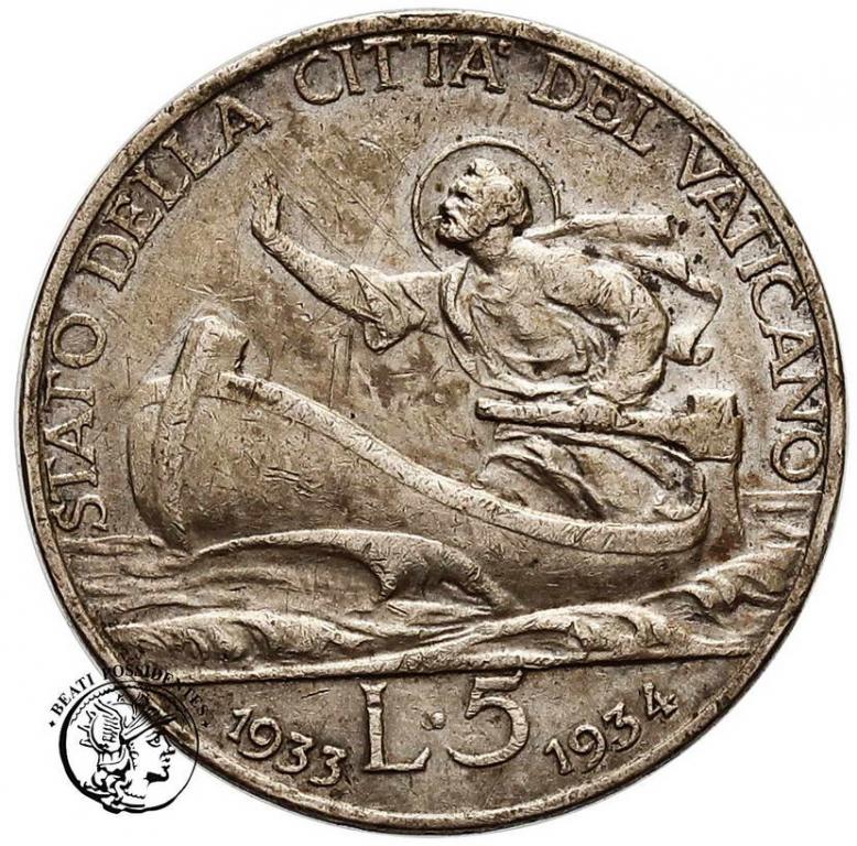 Watykan 5 Lire 1933 - 1934 Pius XI st. 3+
